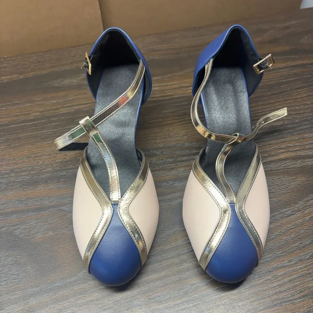 June Joan & Jenny Mary Jane Heels Shoes 38 US7.5 Cream Blue T-Strap Kitten Heels